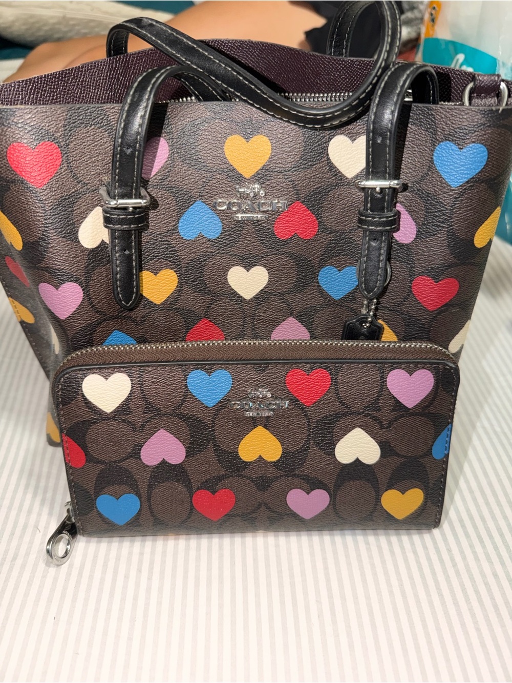 Coach Brown Tote and Zip Wallet with Multicolor Heart Print